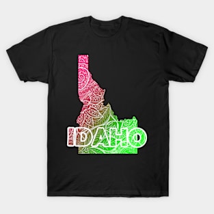 Colorful mandala art map of Idaho with text in pink and green T-Shirt